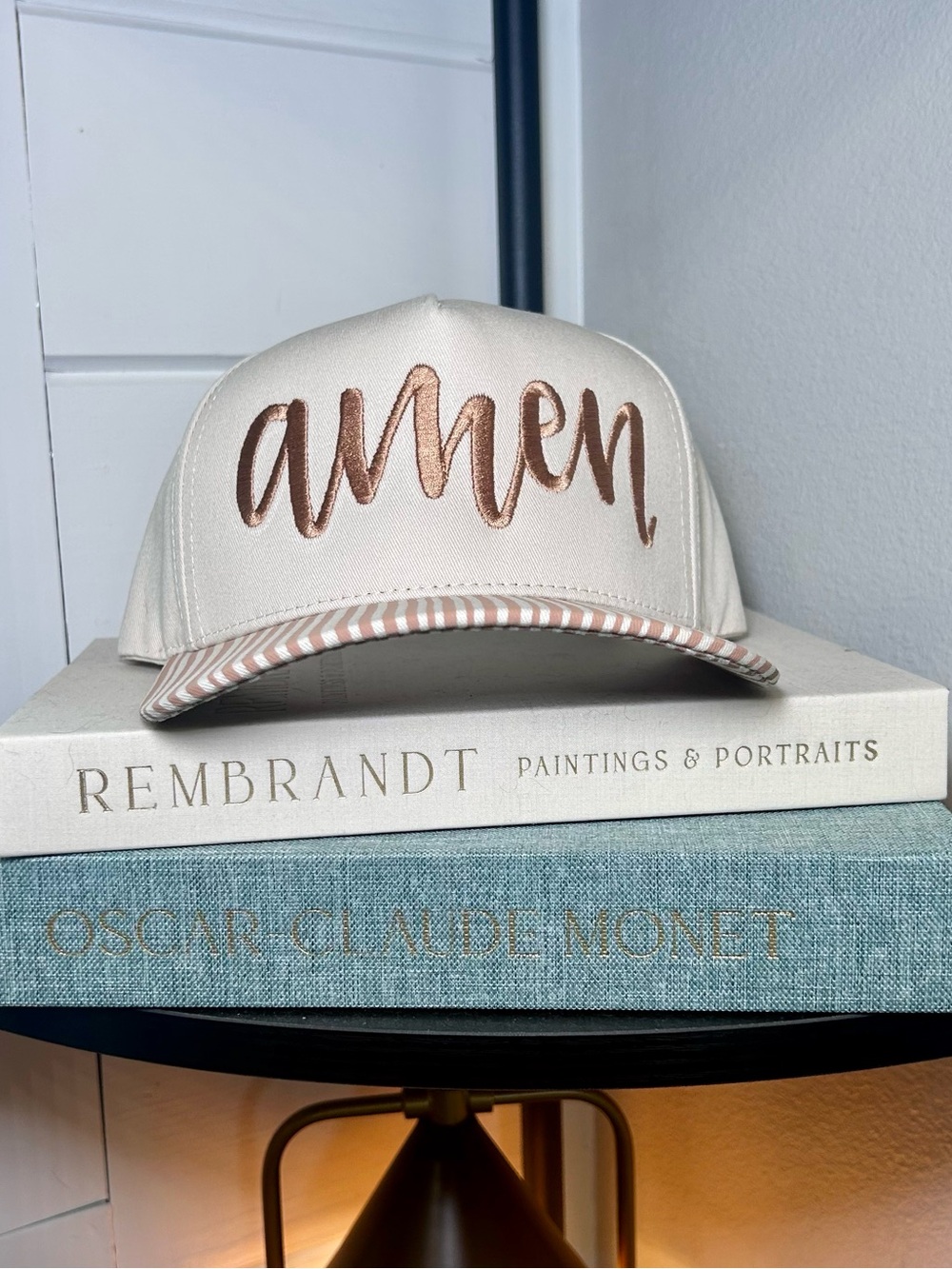 C.C Cream Trucker Hat with Metallic Rose Gold Script